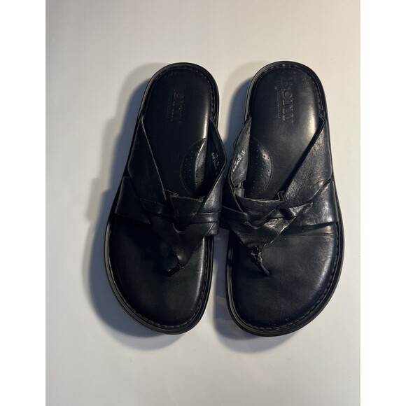 Size 10 Born Leather Sandals Flip Flop Slides  Hand Crafted Black Open Toe  EUC main image 5
